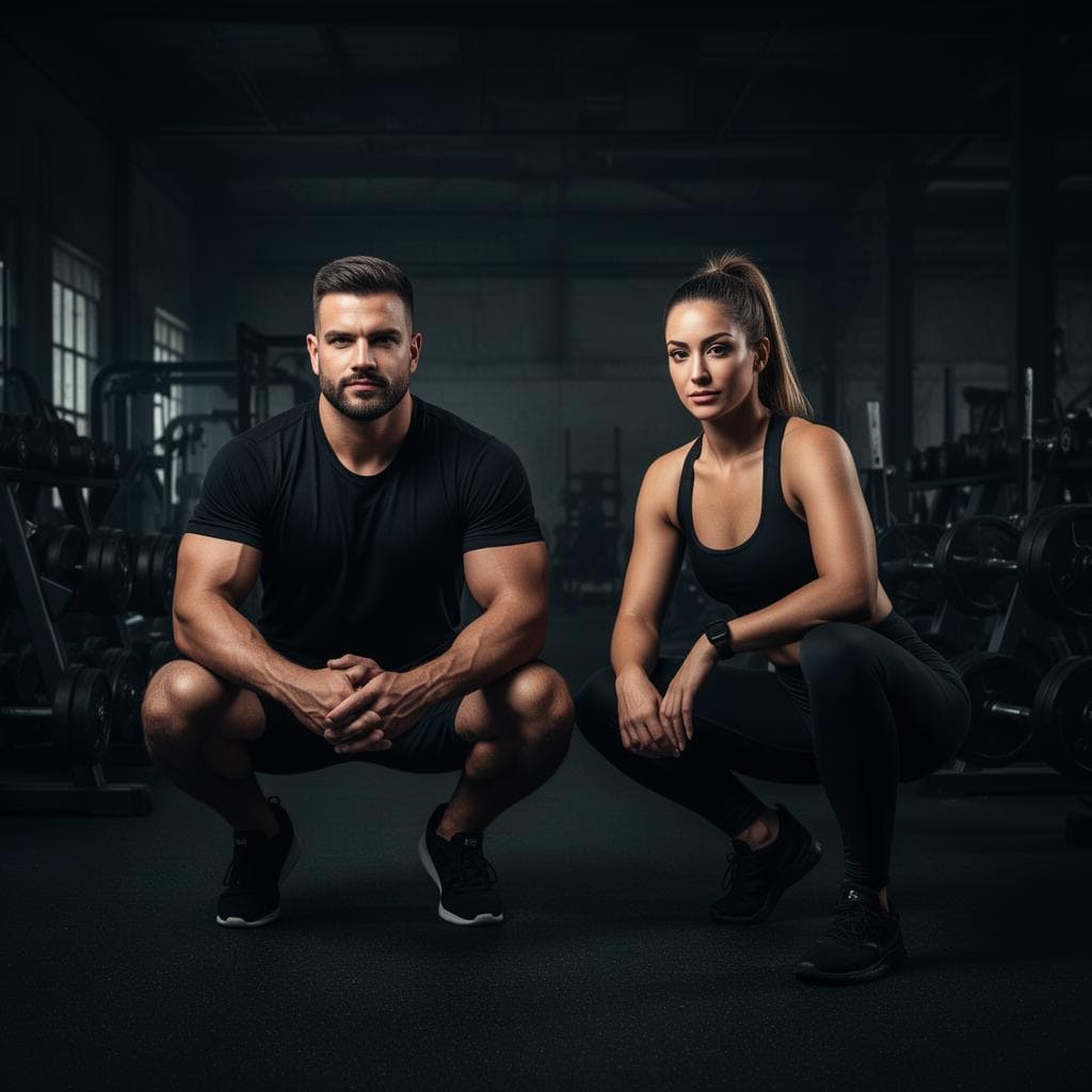 Two athletes in a dark gym